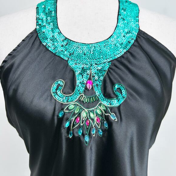 Y2K Charlotte Russe Sequin Beaded Satin Tie-Back Halter Top - Picture 2 of 7